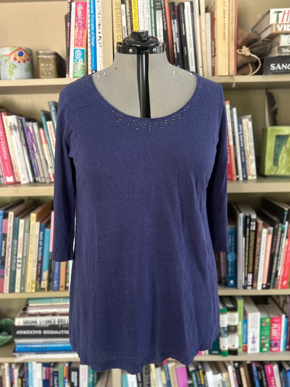 Eileen Fisher Navy 100% Linen Beaded Neckline Top | Size L